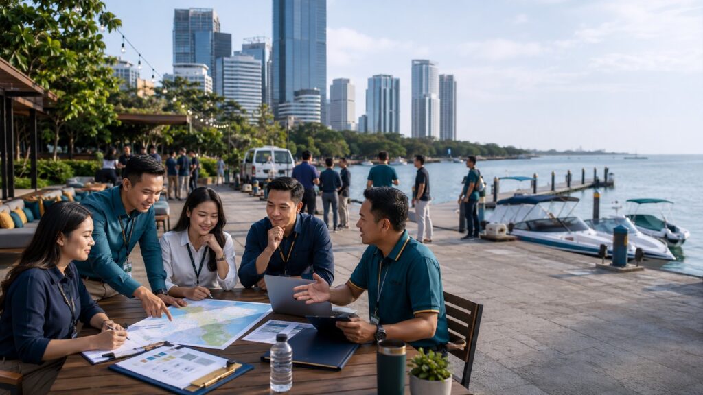 Tim perusahaan bersama fasilitator Semesta Indonesia merencanakan gathering Jakarta dan Pulau Seribu di area waterfront dengan akses dermaga.