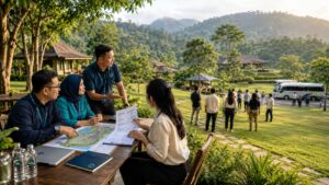 Tim perusahaan bersama fasilitator Semesta Indonesia meninjau venue gathering dan outing di kawasan Pancawati Bogor.