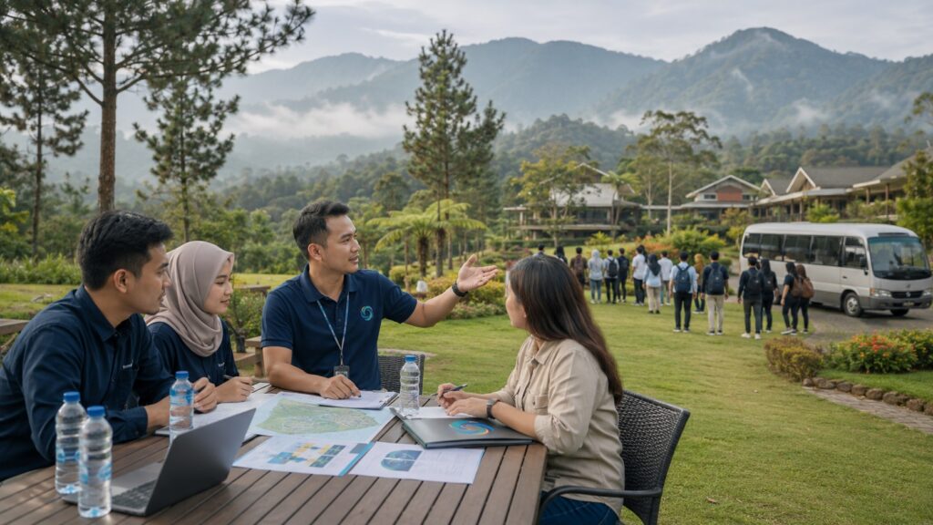 Tim perusahaan bersama fasilitator Semesta Indonesia melakukan venue scouting untuk gathering dan outing di kawasan Puncak Bogor.