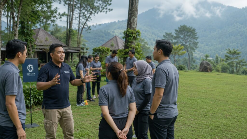 Karyawan perusahaan mengikuti aktivitas team building di Puncak Bogor bersama fasilitator Semesta Indonesia dalam suasana outdoor pegunungan.