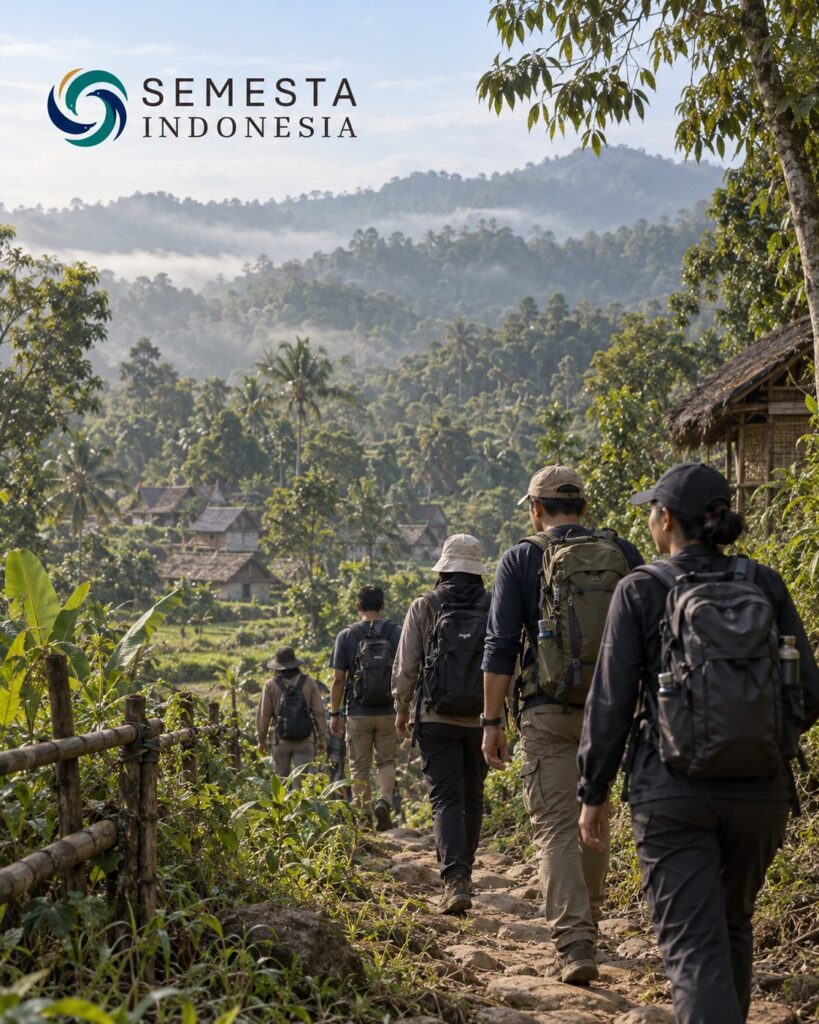 Peserta Trip Baduy Semesta Indonesia berjalan di jalur pedesaan kawasan Baduy, Banten, dengan lanskap hijau dan rumah tradisional.